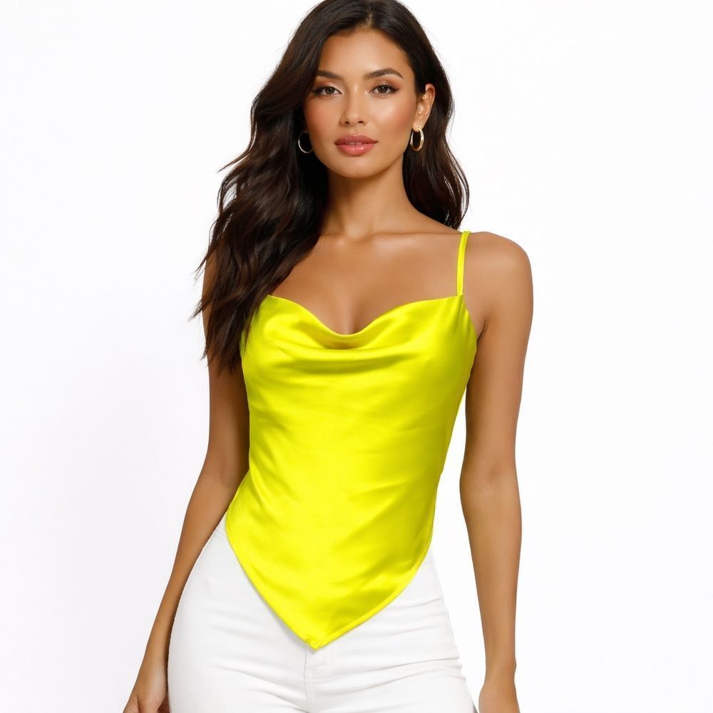 Japna Women’s XS Yellow Satin Cowl Neck Tie Back Cami Top Y2K Handkerchief Hem